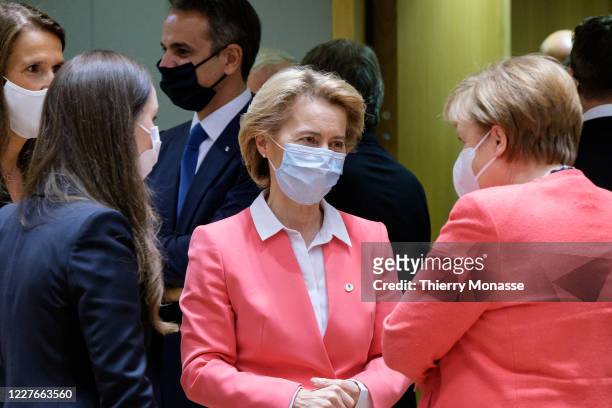 Belgium Prime Minister Sophie Wilmes talks with the Finish Prime Minister Sanna Mirella Marin, the Greece Prime Minister Kyriakos Mitsotakis, the...