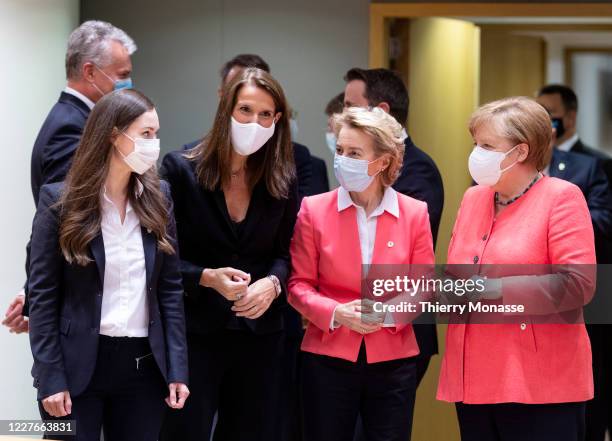 Finish Prime Minister Sanna Mirella Marin, Belgium Prime Minister Sophie Wilmes, President of the European Commission Ursula von der Leyen, and the...