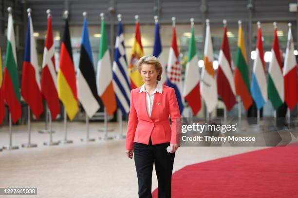 President of the European Commission Ursula von der Leyen arrives for an EU Summit on July 17, 2020 in Brussels, Belgium. European Council President...