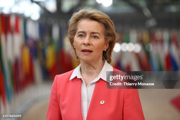 President of the European Commission Ursula von der Leyen arrives for an EU Summit on July 17, 2020 in Brussels, Belgium. European Council President...