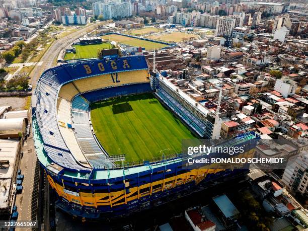 Ariel view of La Bombonera stadium at La Boca neighbourhood in Buenos Aires, on July 9, 2020 amid the new coronavirus pandemic. - Buenos Aires' La...