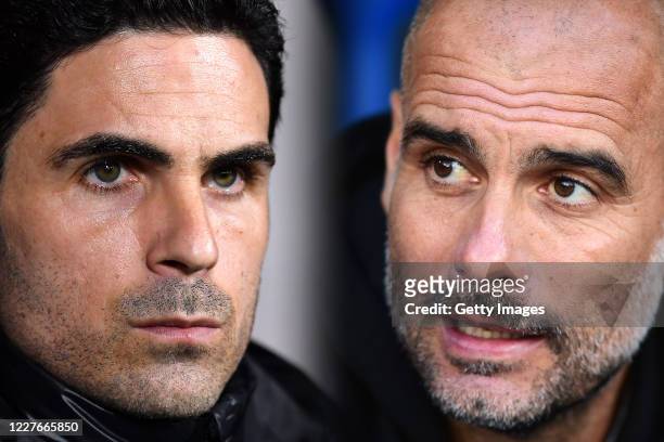 In this composite image a comparison has been made between Mikel Arteta, Manager of Arsenal and Pep Guardiola, Manager of Manchester City. Arsenal...
