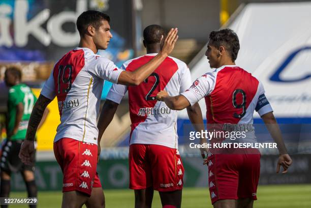 Monaco's Wissam Ben Yedder celebrates with team mates after scoring a goal during a friendly football match between Cercle Brugge KSV and AS Monaco...