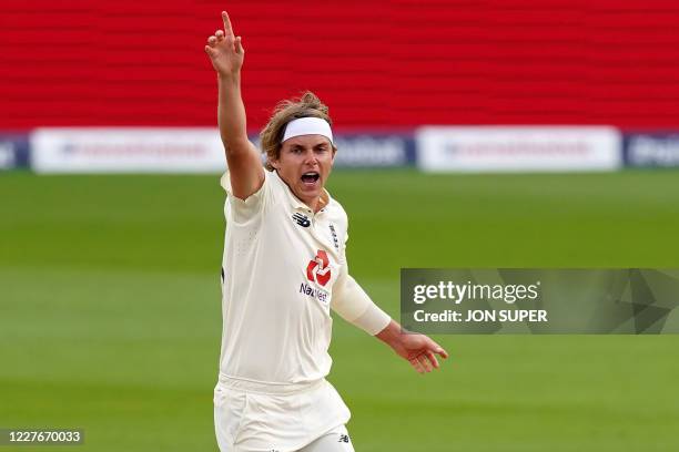 England's Sam Curran appeals unsuccessfully for the wicket of West Indies' Alzarri Joseph during play on the second day of the second Test cricket...