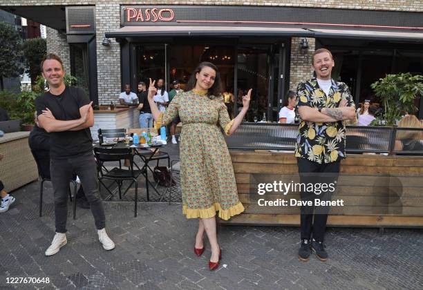 Jonny Boud, Gizzi Erskine and Professor Green attend the launch of Giz & Green Pizza Pies Pop-Up at Passo on July 17, 2020 in London, England.