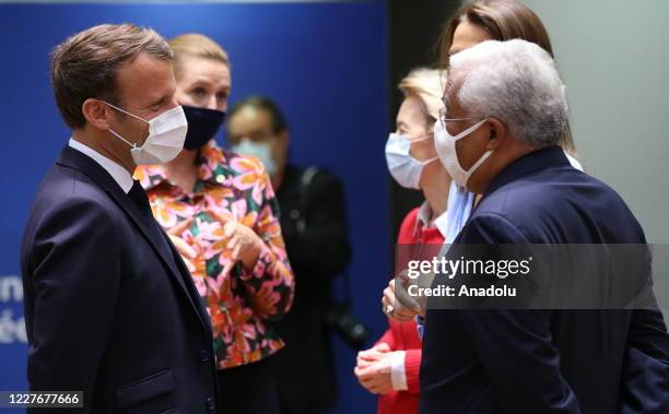 French President Emmanuel Macron and Prime Minister of Portugal Antonio Costa attend EU summit to discuss EU's long-term budget and coronavirus...
