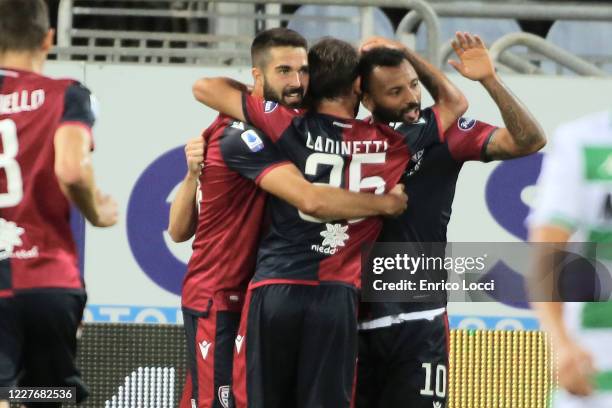 Joao Pedro of Cagliari celebrates his goal 1-1 during the Serie A match between Cagliari Calcio and US Sassuolo at Sardegna Arena on July 18, 2020 in...