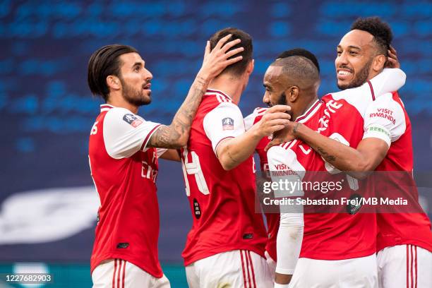 Pierre-Emerick Aubameyang of Arsenal celebrate with his teammates Dani Ceballos, Granit Xhaka, Alexandre Lacazette after scoring 1st goal during the...