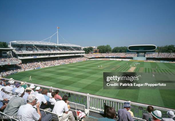 General view across the ground from the top of the Pavilion looking towards the new Grand Stand as Shaun Pollock of South Africa bowls to Alec...