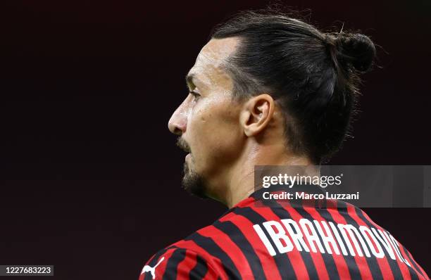 Zlatan Ibrahimovic of AC Milan looks on during the Serie A match between AC Milan and Bologna FC at Stadio Giuseppe Meazza on July 18, 2020 in Milan,...