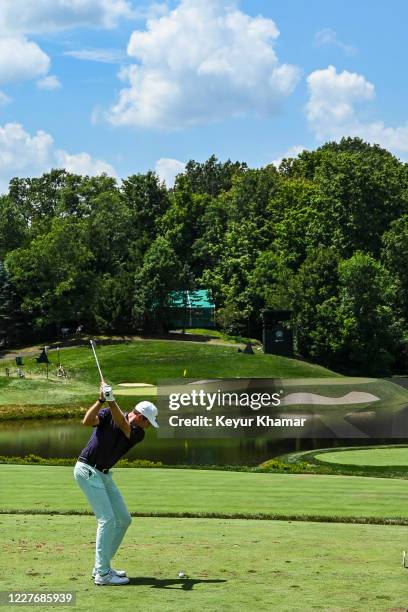 Bo Hoag plays his shot from the 12th tee during the third round of the Memorial Tournament presented by Nationwide at Muirfield Village Golf Club on...