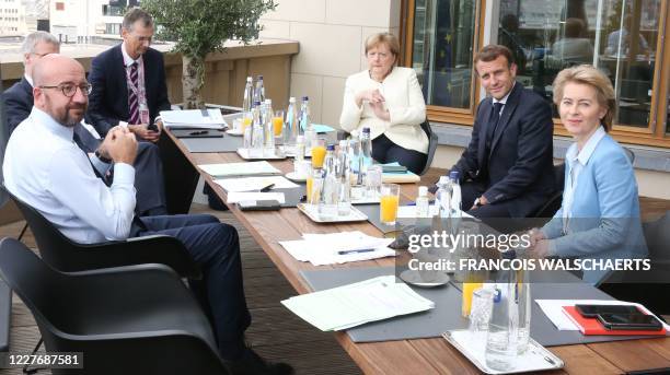 President of the European Council Charles Michel , Germany's Chancellor Angela Merkel , France's President Emmanuel Macron and President of the...