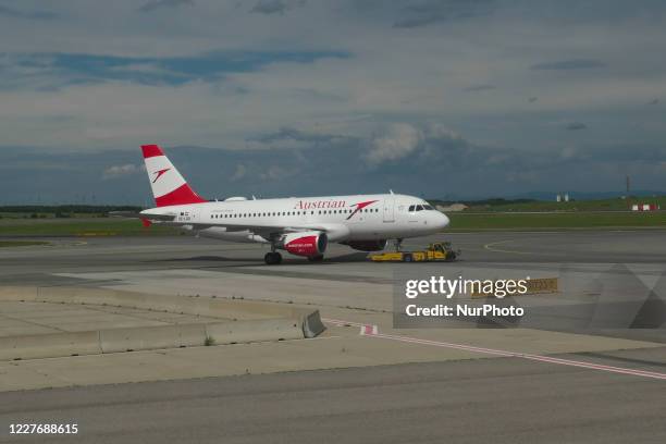 The grounded fleet of Austrian Airlines OS AUA, the flag carrier of Austria subsidiary of Lufthansa Group and member of Star Alliance as seen in...