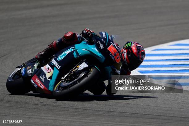 Petronas Yamaha SRT's French rider Fabio Quartararo competes during the MotoGP race of the Spanish Grand Prix at the Jerez racetrack in Jerez de la...