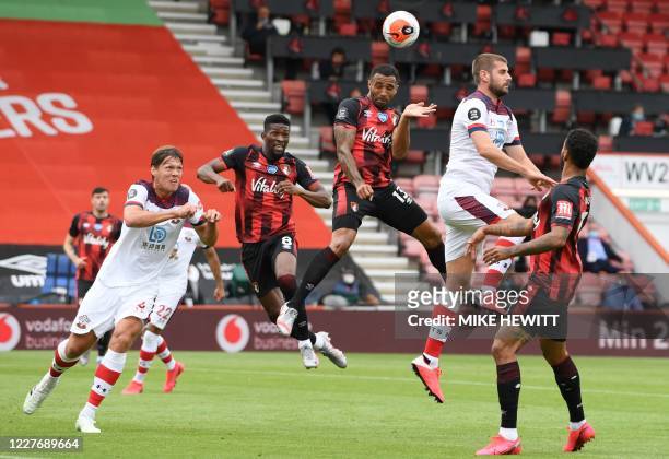 Bournemouth's English striker Callum Wilson heads the ball during the English Premier League football match between Bournemouth and Southampton at...