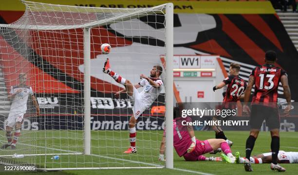 Southampton's English defender Jack Stephens clear the ball out of the goal during the English Premier League football match between Bournemouth and...