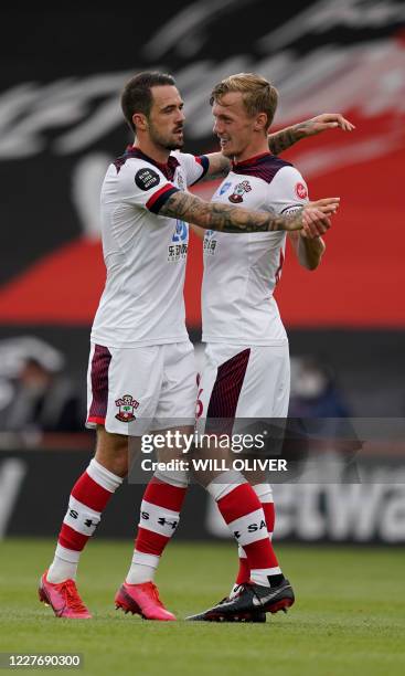 Southampton's English striker Danny Ings celebrates scoring his team's first goal during the English Premier League football match between...