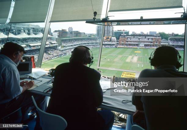 Henry Blofeld commentating from the Test Match Special commentary box in the new Media Centre during the 2nd Test match between England and New...