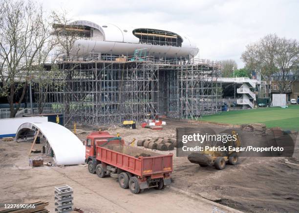 Prefabricated section of the shell sits ready to be craned into place as construction continues on the new Media Centre at Lord's Cricket Ground,...