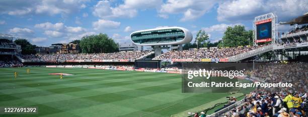 Panoramic view across the ground towards the new Media Centre as Tom Moody of Australia runs in to bowl during the World Cup Super Six match between...