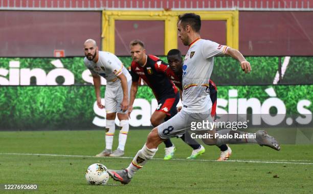 Marco Mancosu of US Lecce misses the penalty during the Serie A match between Genoa CFC and US Lecce at Stadio Luigi Ferraris on July 19, 2020 in...