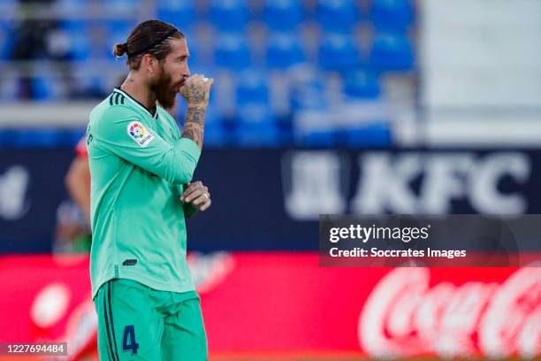 Sergio Ramos of Real Madrid celebrates 0-1 during the La Liga Santander match between Leganes v Real Madrid at the Estadio Municipal de Butarque on...