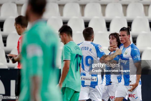 Bryan Gil Salvatierra of Leganes celebrates 1-1 with Aitor Ruibal of Leganes during the La Liga Santander match between Leganes v Real Madrid at the...