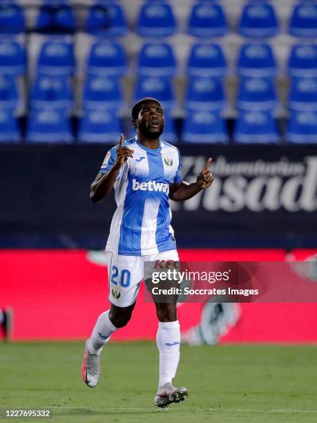 Roger Assale of Leganes celebrates 2-2 during the La Liga Santander match between Leganes v Real Madrid at the Estadio Municipal de Butarque on July...