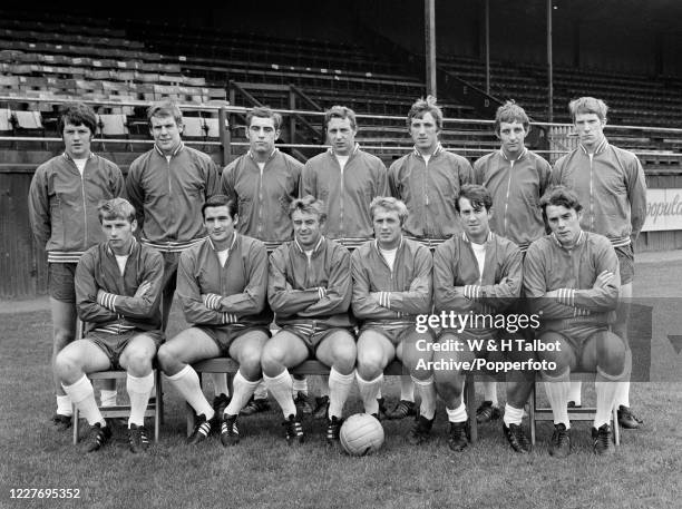 England Under 23's line up for a team photograph at the Racecourse Ground in Wrexham, England, circa October 1968. Back row : Peter Knowles, Joe...