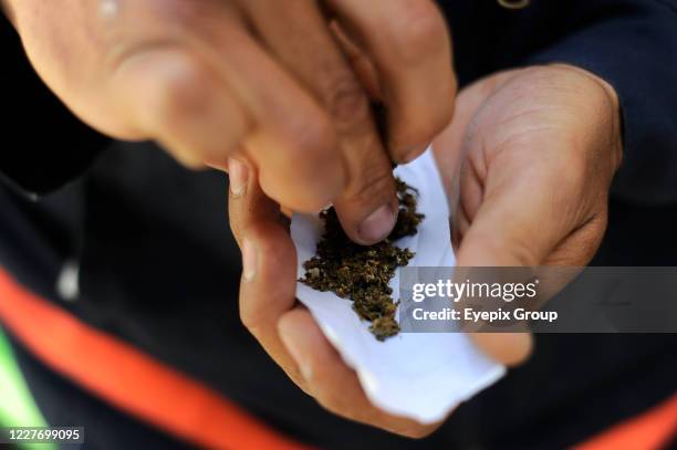 An activist a marijuana, make a cannabis cigar during a camp outside the country's Senate building, Mexican marijuana activists have been camping...