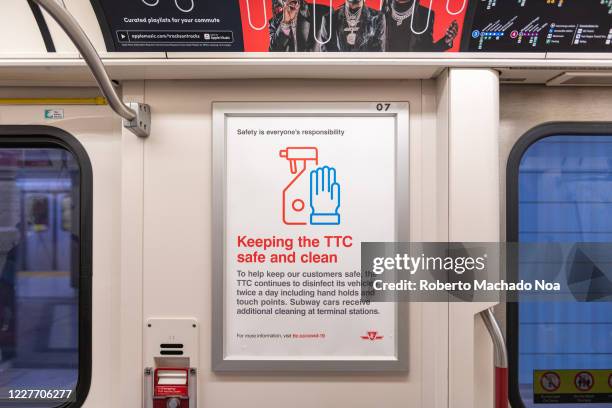 Sign inside a TTC subway train. It explains the precautions taken to keep the public transport safe against the novel Coronavirus pandemic.