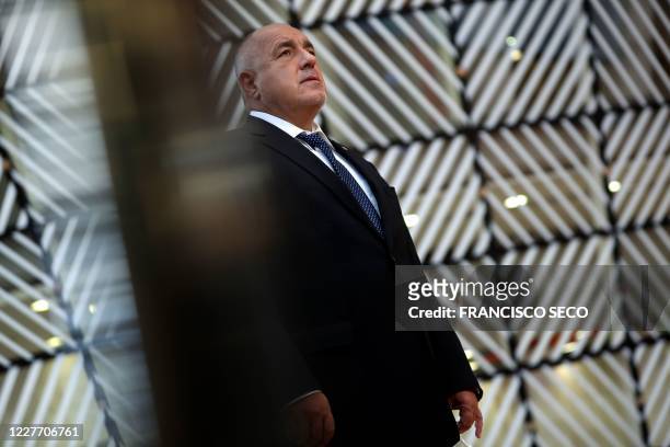 Bulgaria's Prime Minister Boyko Borissov, makes a statement as he arrives for the fourth day of an EU summit at the European Council building in...