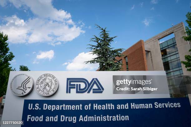 Sign for the Food And Drug Administration is seen outside of the headquarters on July 20, 2020 in White Oak, Maryland.