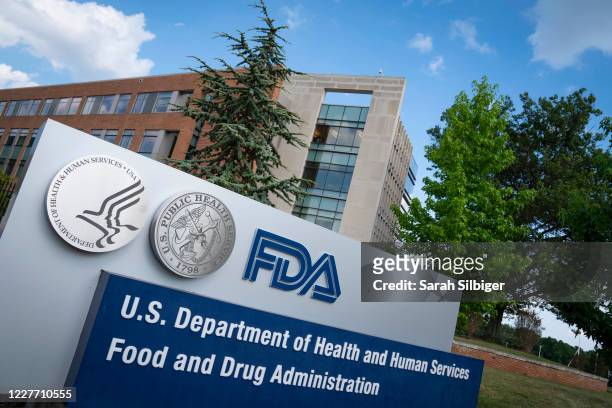 Sign for the Food And Drug Administration is seen outside of the headquarters on July 20, 2020 in White Oak, Maryland.