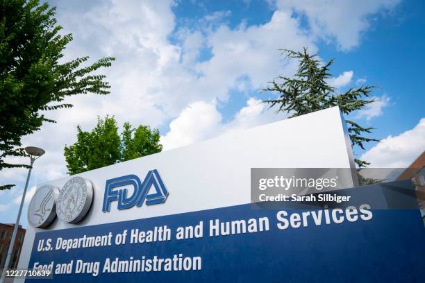 Sign for the Food And Drug Administration is seen outside of the headquarters on July 20, 2020 in White Oak, Maryland.