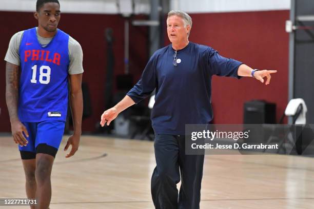 Brett Brown of the Philadelphia 76ers coaches during practice as part of the NBA Restart 2020 on July 20, 2020 in Orlando, Florida. NOTE TO USER:...