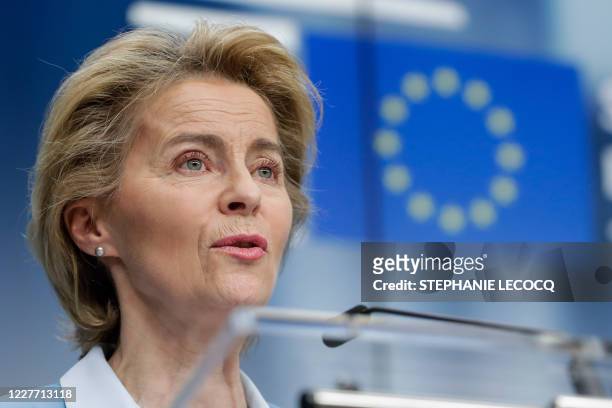 European Commission President Ursula Von Der Leyen speaks during a news conference following a four days European summit at the European Council in...