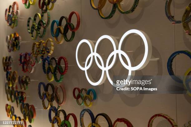 Olympic Rings displayed on a wall inside Japan Olympic Museum. Due to the Covid-19 outbreak, the Olympic Games Tokyo 2020 were postponed for the...