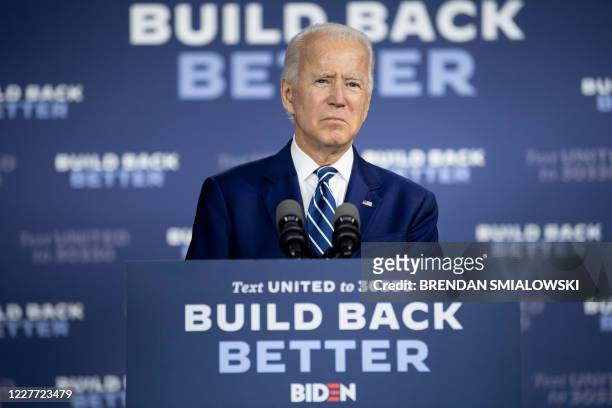 Democratic presidential candidate Joe Biden speaks about on the third plank of his Build Back Better economic recovery plan for working families, on...