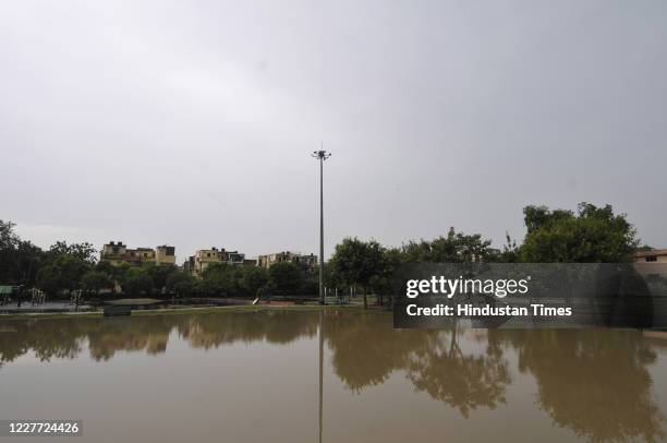 Heavy water logging after rain at Sector 30 park on July 21, 2020 in Noida, India. Heavy downpour Monday night and during the day on Tuesday led to...