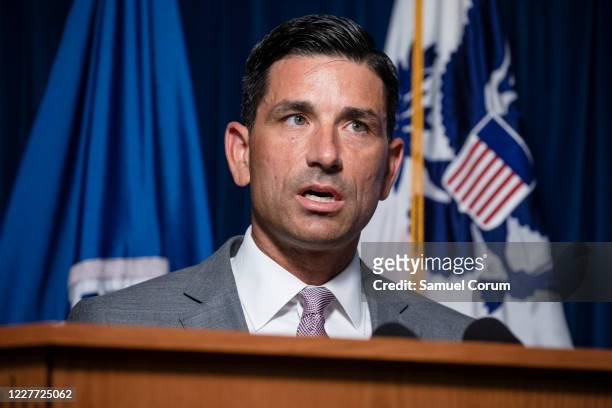 Secretary of Homeland Security Chad Wolf speaks during a press conference on the actions taken by Customs and Border Protection and Homeland Security...
