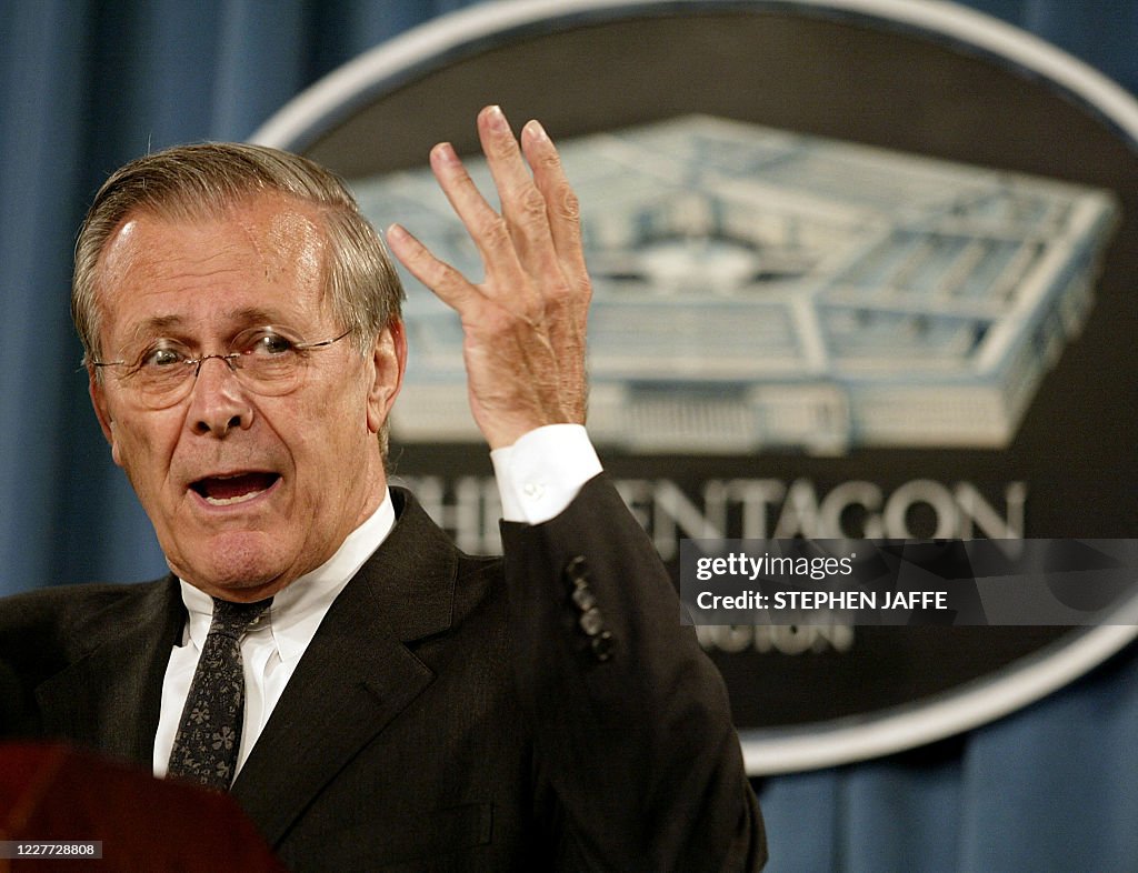 Secdef Rumsfeld US Secretary of Defense Donald Rumsfeld addresses a press conference ...