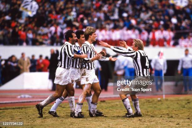Michael LAUDRUP of Juventus celebrate his goal with Massimo BONINI during the Intercontinental Cup, Toyota Cup, match between Juventus and Argentinos...