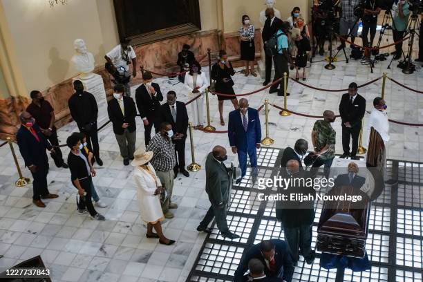 Family and friends pay their respects to civil rights leader C.T. Vivian as he lies in state in the Georgia Capitol building on July 22, 2020 in...