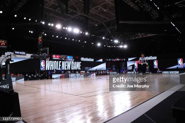 Wide angle view of signage at the arena on July 22, 2020 at The Arena at ESPN Wide World of Sports Complex in Orlando, Florida. NOTE TO USER: User...