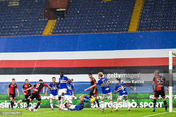 Lukas Lerager of Genoa scores a goal which will be disallowed during the Serie A match between UC Sampdoria and Genoa CFC at Stadio Luigi Ferraris on...