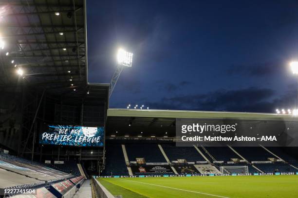 General view as We Are Premier League is seen on a giant LED screen as promotion is confirmed during the Sky Bet Championship match between West...
