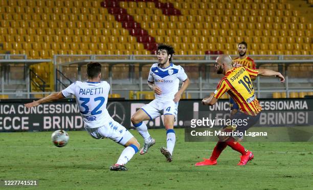 Riccardo Saponara of Lecce scores his team's third goal during the Serie A match between US Lecce and Brescia Calcio at Stadio Via del Mare on July...