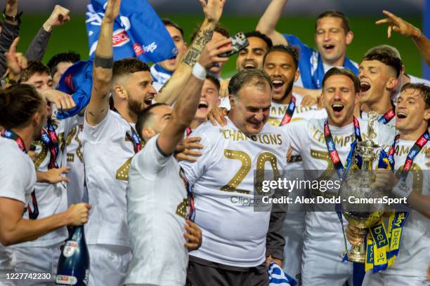 Leeds United celebrate during the Sky Bet Championship match between Leeds United and Charlton Athletic at Elland Road on July 22, 2020 in Leeds,...