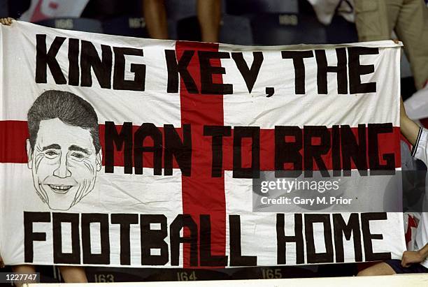 English fans display a baner during the Euro 2000 qualifying match between England and Luxembourg played at Wembley Stadium in London, England....